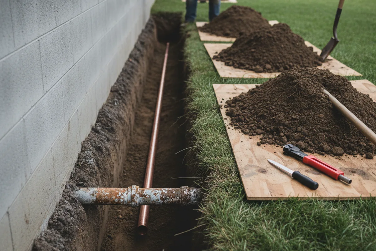 Excavated water line trench during Water Softener Installation in Markleeville